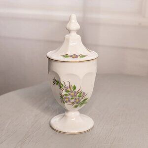 Vintage Westmoreland Milk Glass Floral Detail Lidded Dish White Purple Green